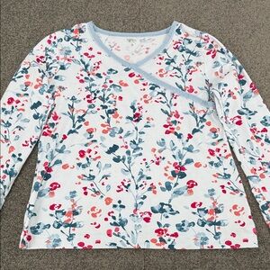 Garnett Hill Pajama Top Wm Medium Blue Red Floral Long Sleeve Asian Wrap Shirt